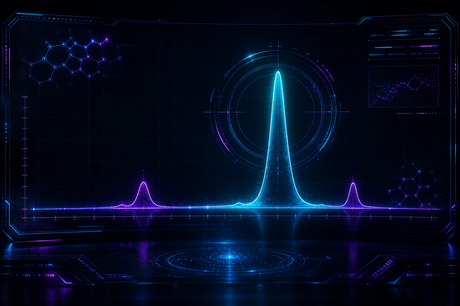 Holographic chromatogram diagram with one dominant cyan peak and smaller impurity peaks.