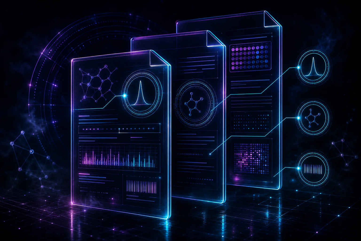 Floating glass COA document panels with cyan callout rings for proof fields.