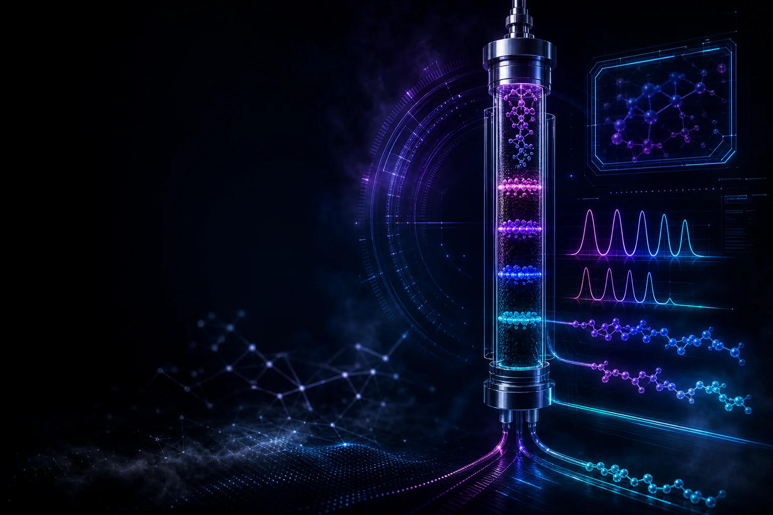 Nexus-style HPLC column diagram with cyan and violet separation bands.