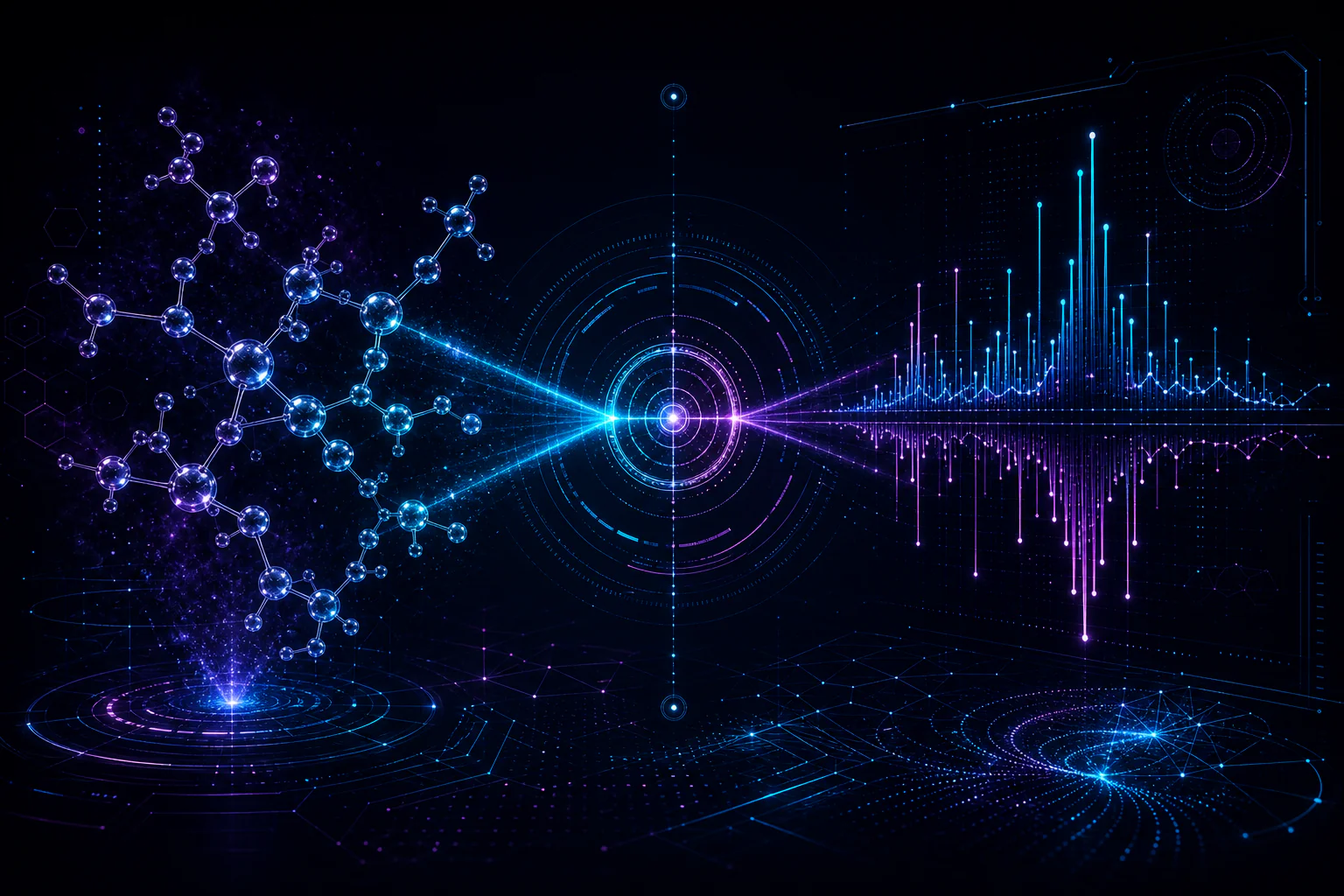Mass spectrometry identity-match diagram with spectral beams and a verification ring.